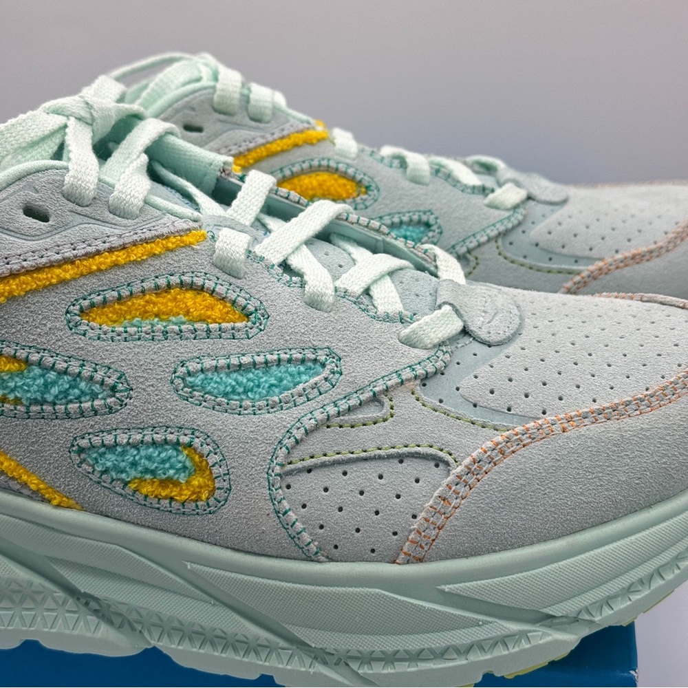 NWT Hoka Clifton Leather Embroidery UNISEX Shoes blue glass radiant yellow NEW - Picture 9 of 16